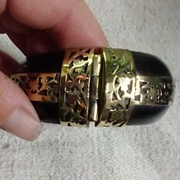 Large black brass decorative hinged pin 📍 bangle bracelet tribal ethnic vintage - Picture 7 of 7